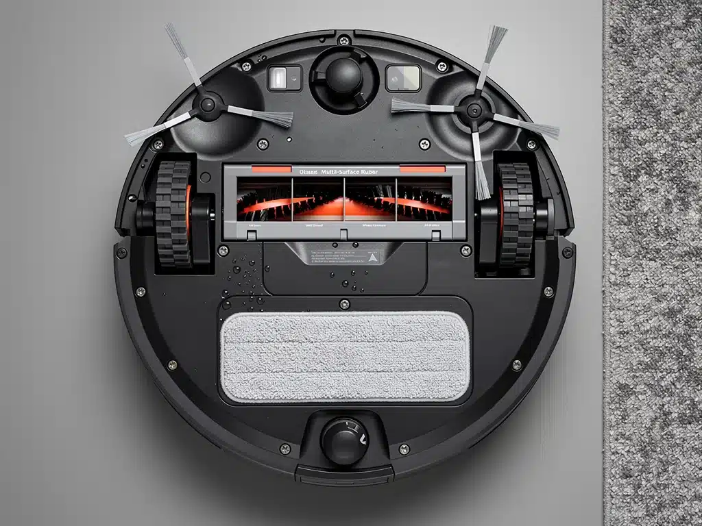 Underside view of Roomba Combo j9+ showing dual rubber brushes, edge brush, and mop components